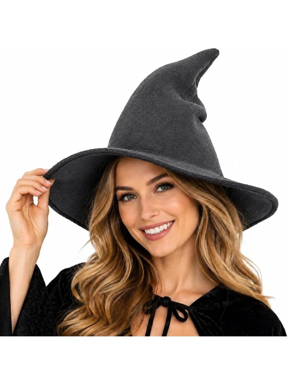 🎃 Unisex Dark Grey Wide Brim Spire Knit Masquerade Halloween Costume Witch Hat